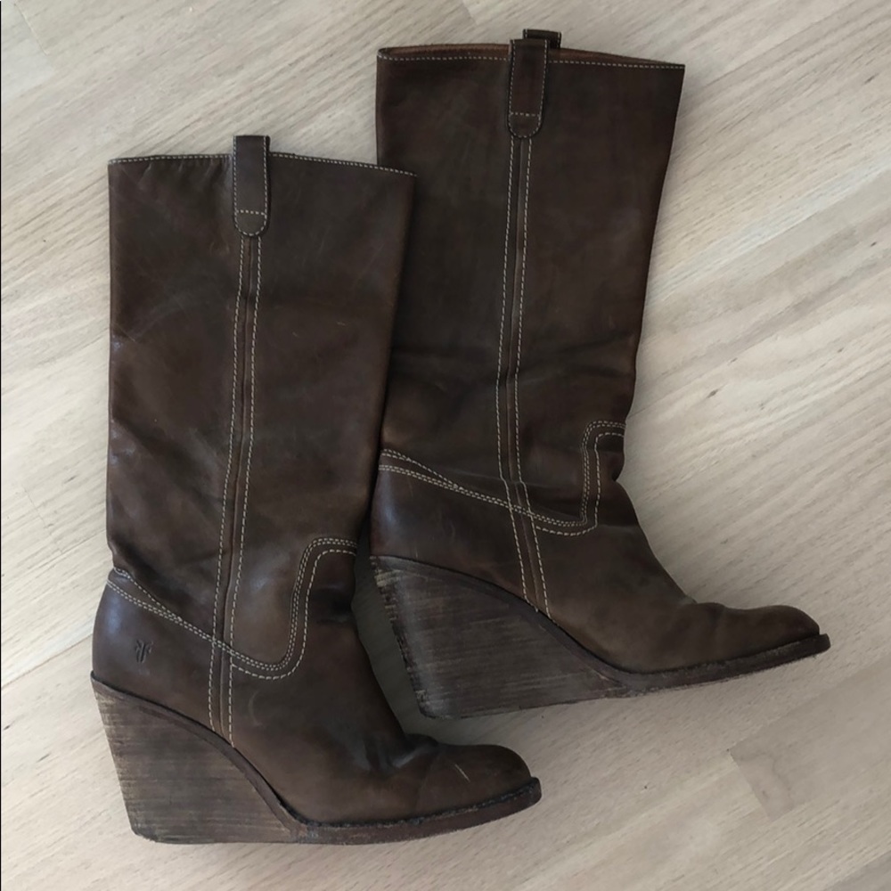 Frye light brown wedge boot